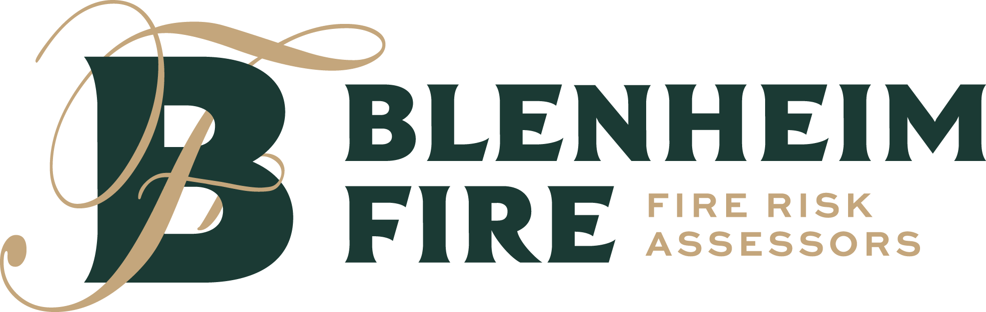 PNG format of Blenheim Fire Full horizontal logo with the brand name in brand green and the tagline "Fire Risk Assessors" in brand gold